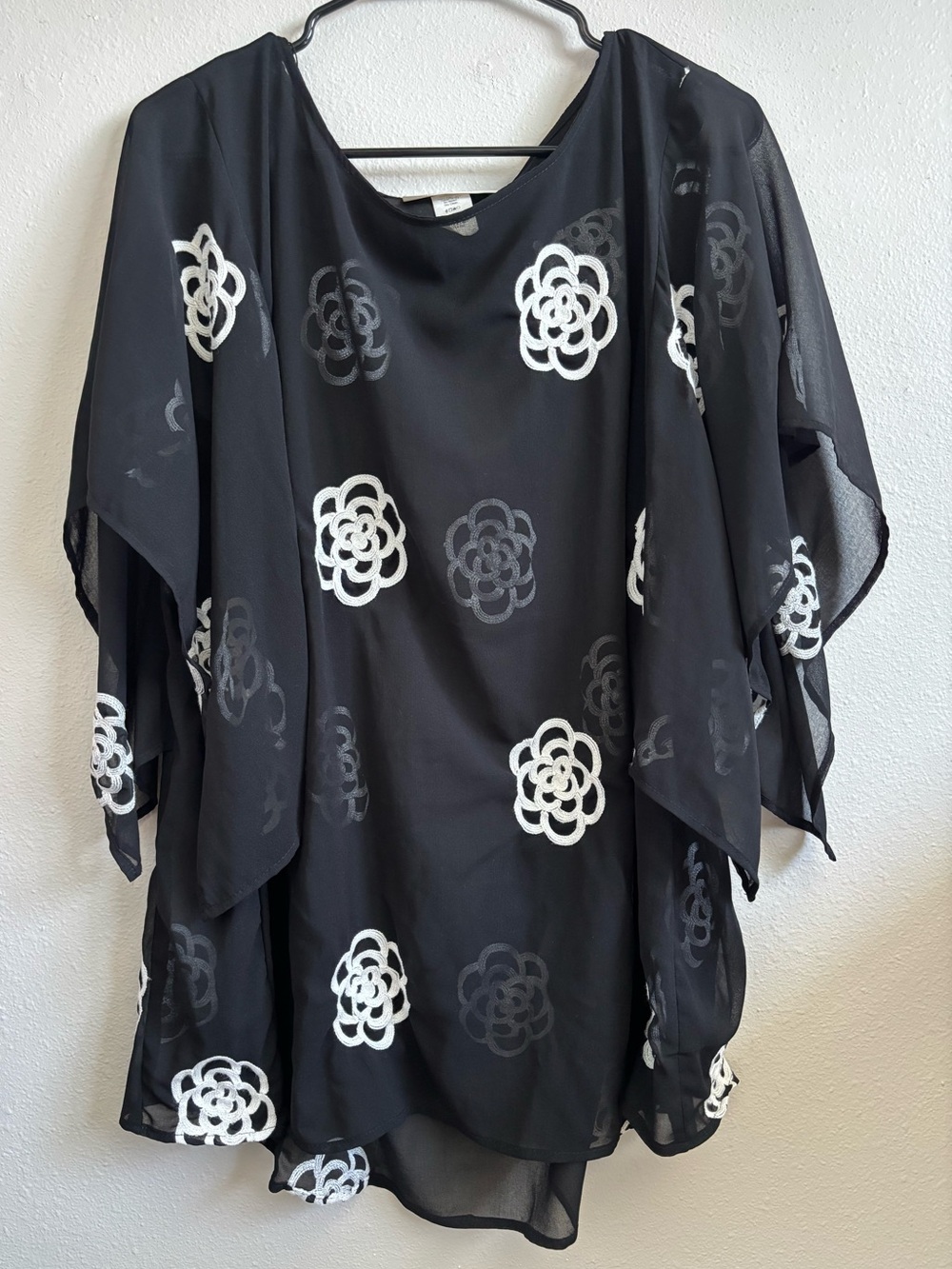 Planet Chick Imports Black Floral Sheer Tunic Swimsuit Cover or Flowy Top Large